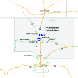 Map of Colorado showing location of the FNL Airport in Northern Colorado. Directions & Parking for FNL