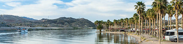 palm trees along the shore of the Colorado River in Laughlin, NV. FNL vacation charters.