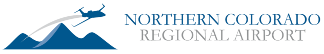 horizontal logo for Northern Colorado Regional Airport a small airplane with a gray contrail flying over a triple mountain peak. Fly from Northern Colorado Regional Airport - FNL