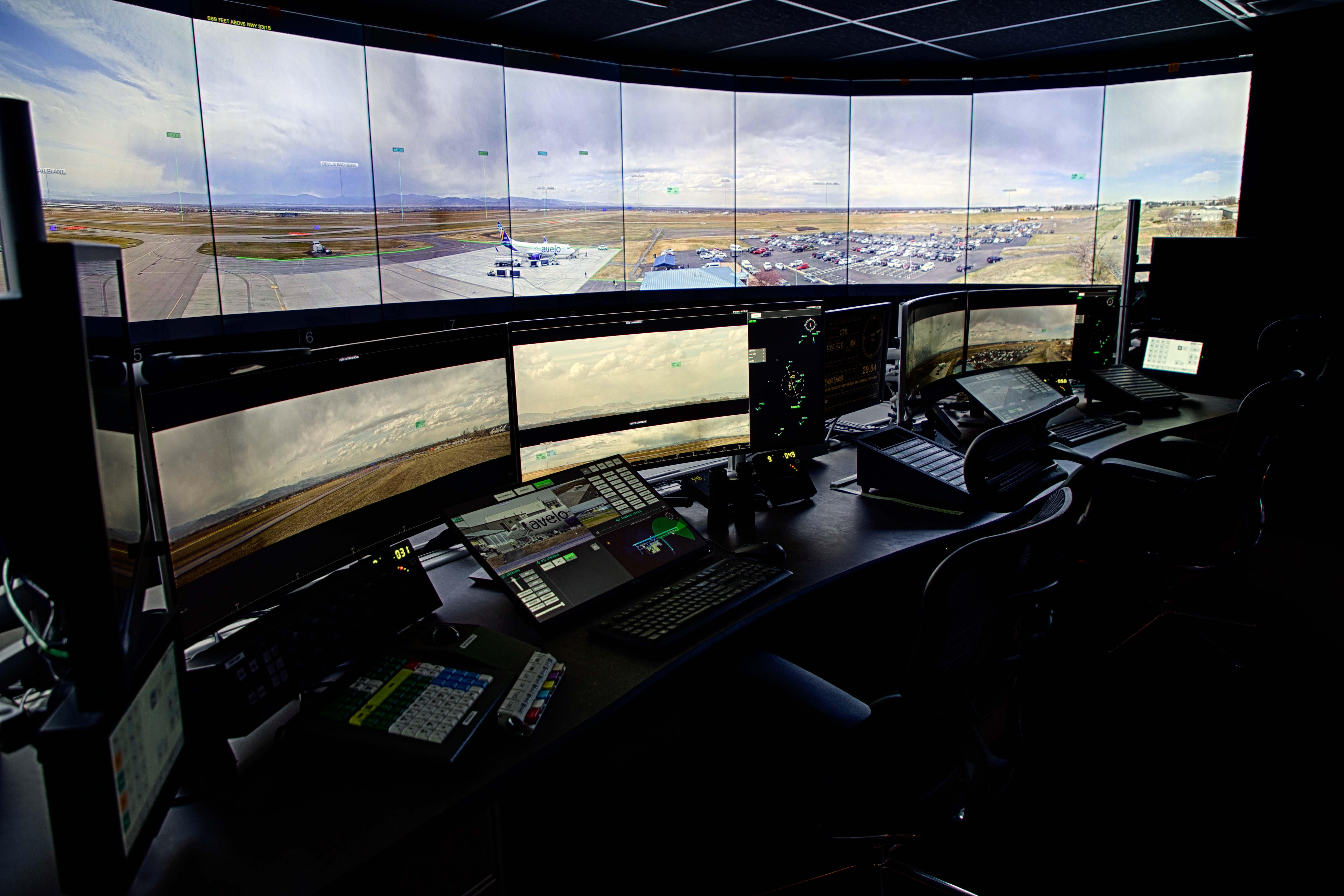 Image of the video wall replicating the out the window view for air traffic control