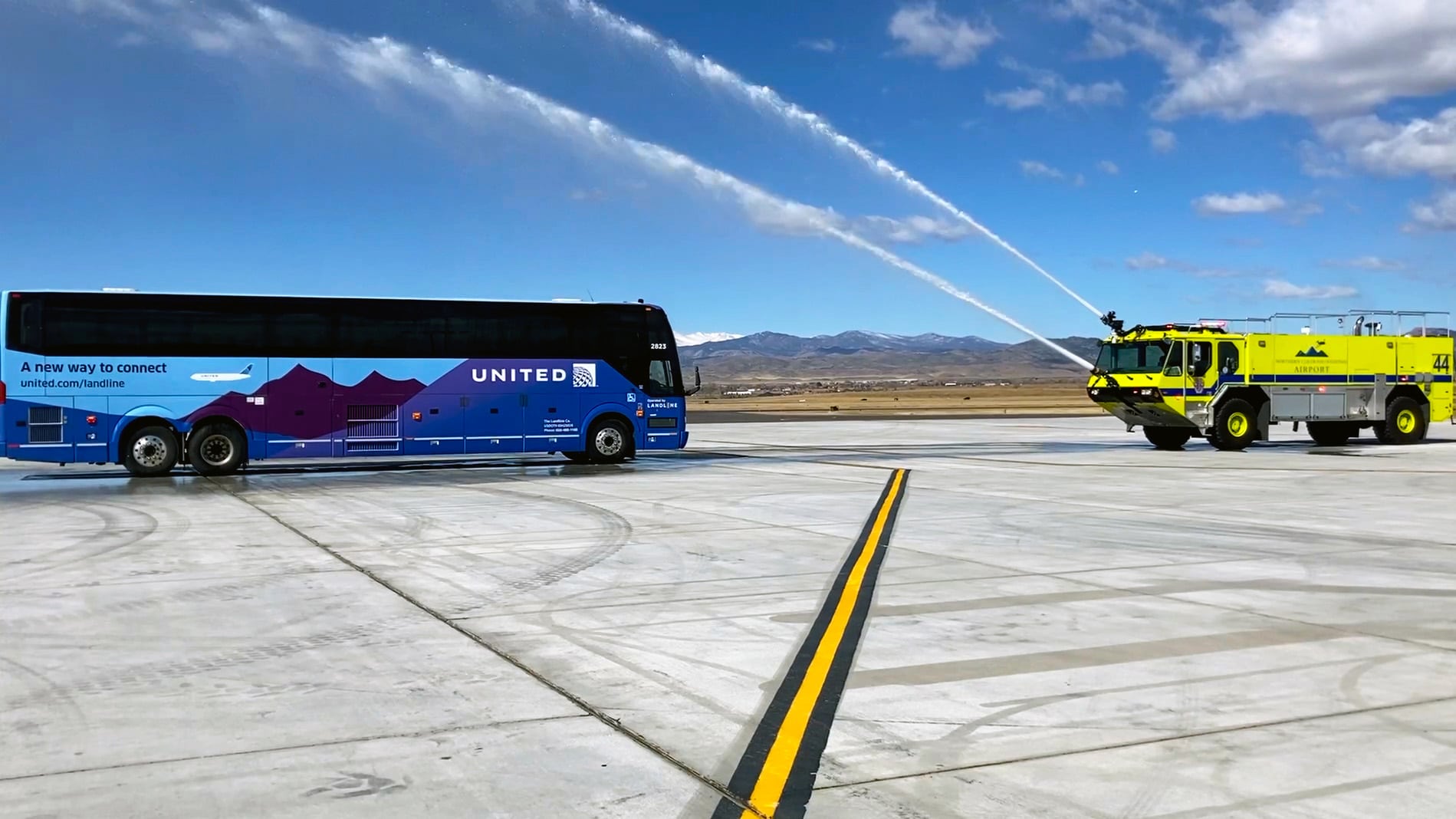 image of ARFF truck completing a water cannon salute over United's wingless flight coach. Text overlay says to book it just like any other flight