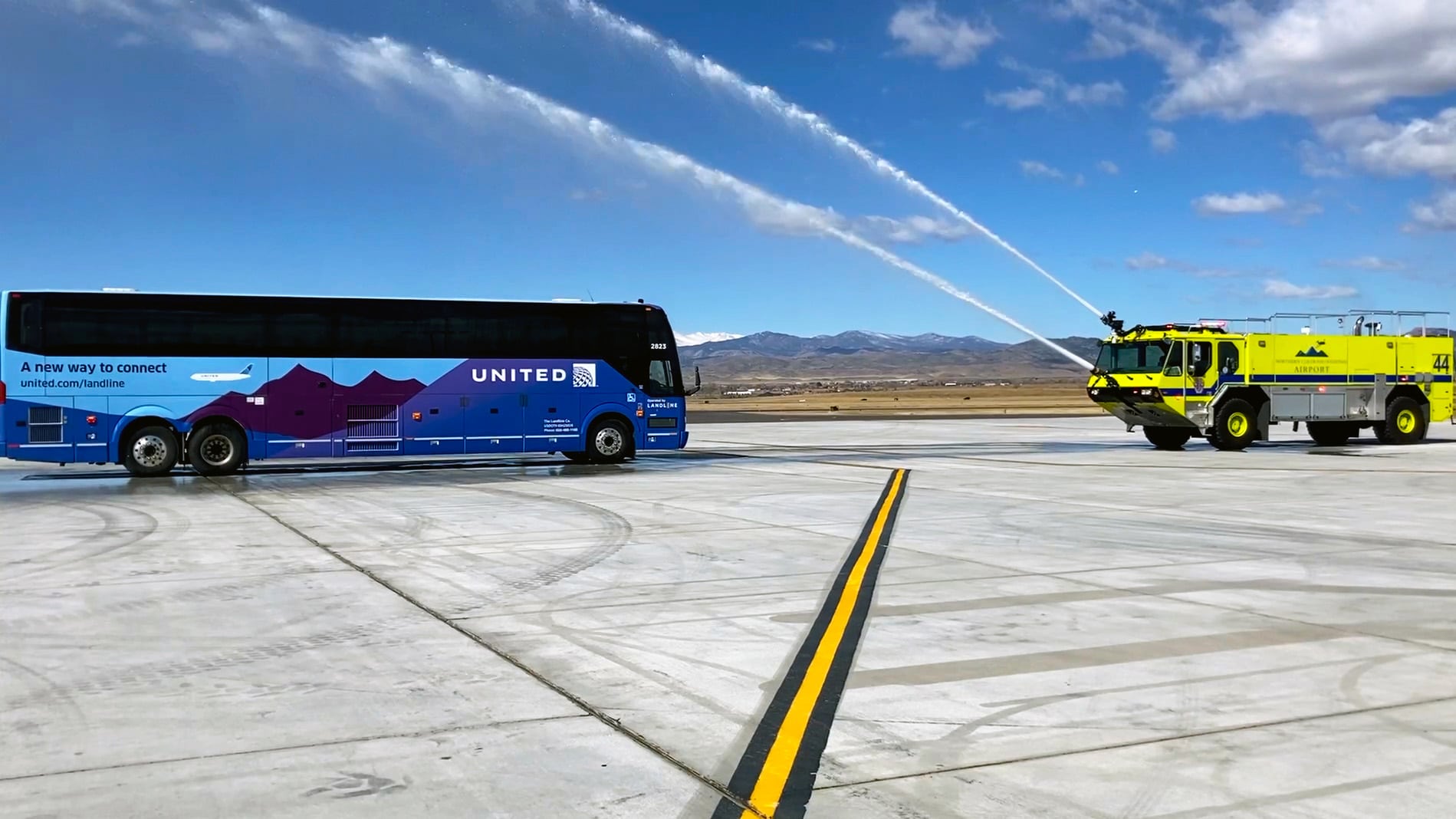 image of ARFF truck completing a water cannon salute over United's wingless flight coach. Text overlay says to book it just like any other flight