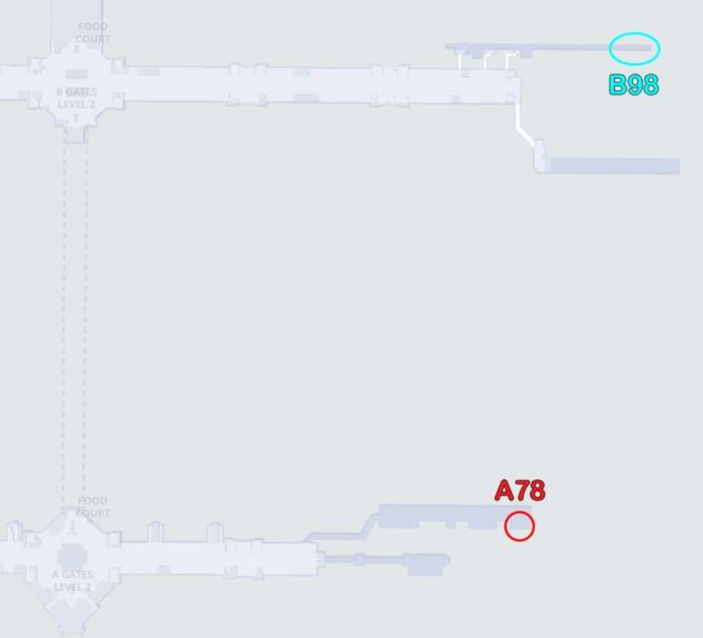 Image of DEN airport's concourse A and B map with old gate A78 and new gate B98 identified