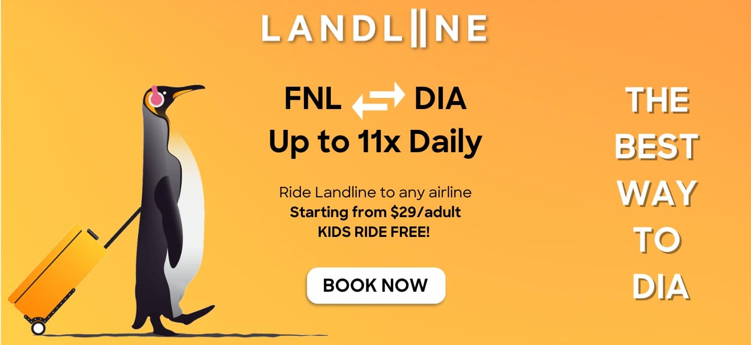 Yellow background with a hat and items strewn over a yellow suitcase. Text says Save $171 with Landline vs driving to Denver International Airport